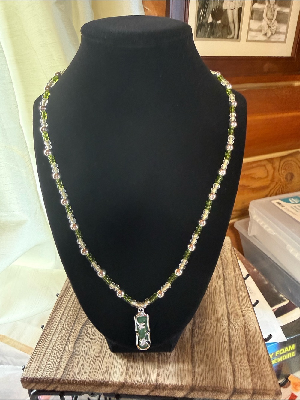 Green Beaded Pendant Necklace - Silver Accent - Unbranded